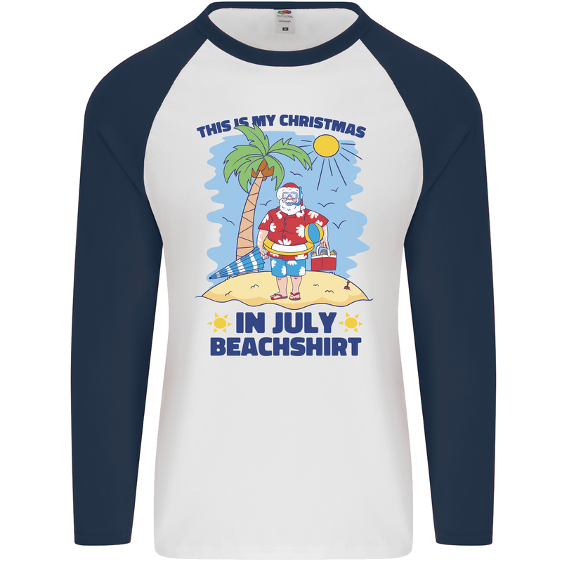 Christmas in July Summer Santa Clause Beach Mens L/S Baseball T-Shirt White/Navy Blue