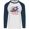 Torn Malaysia Flag Malaysian Day Football Mens L/S Baseball T-Shirt White/Navy Blue