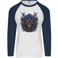 Samurai Skull MMA Martial Arts Gym Training Mens L/S Baseball T-Shirt White/Navy Blue