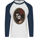 Day of the Dead La Catrina DOTD Sugar Skull Mens L/S Baseball T-Shirt White/Navy Blue