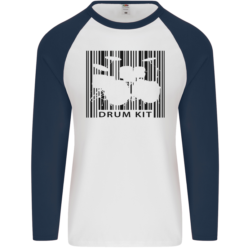 Drum Kit Barcode Drummer Drumming Mens L/S Baseball T-Shirt White/Navy Blue