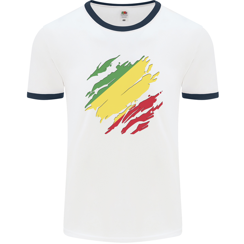 Torn Republic of the Congo Flag Day Football Mens Ringer T-Shirt White/Navy Blue