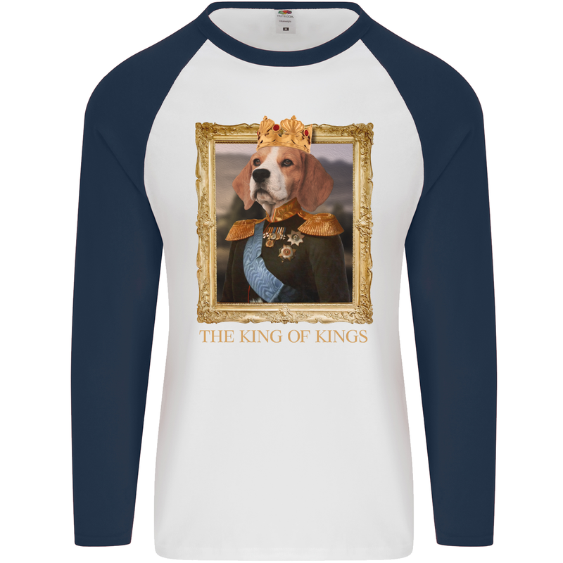 Beagle King Funny Dog Mens L/S Baseball T-Shirt White/Navy Blue