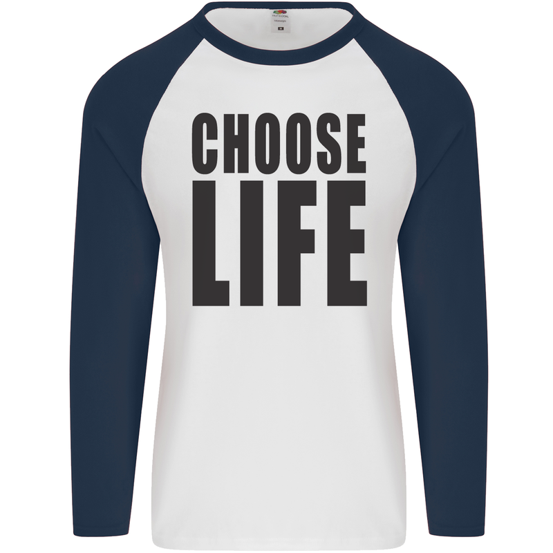 Choose Life Fancy Dress Outfit Costume Mens L/S Baseball T-Shirt White/Navy Blue