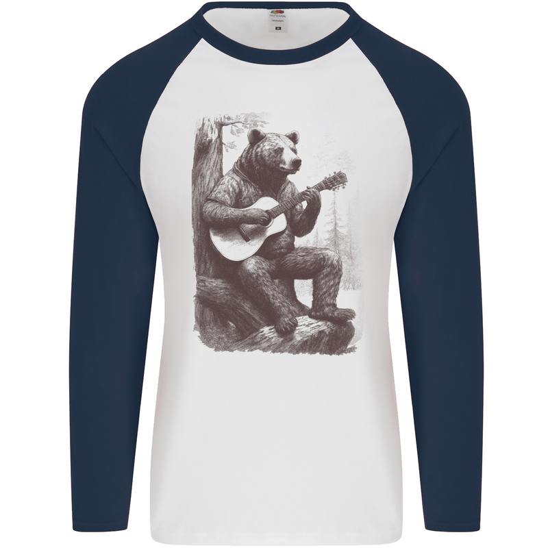 A Cool Bear Playing the Acoustic Guitar Mens L/S Baseball T-Shirt White/Navy Blue