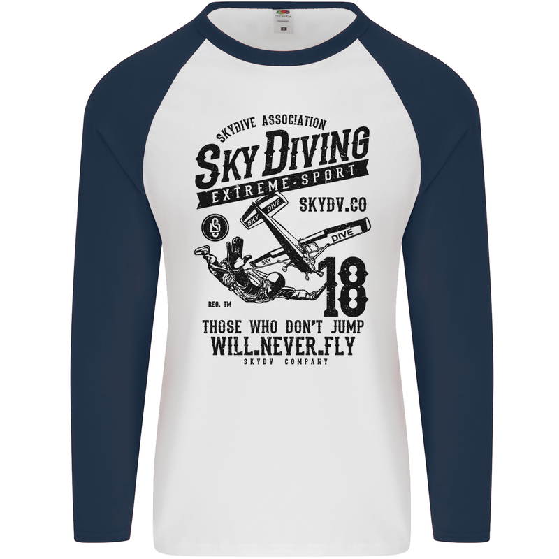 Skydiving Extreme Sports Skydiver Freefall Mens L/S Baseball T-Shirt White/Navy Blue