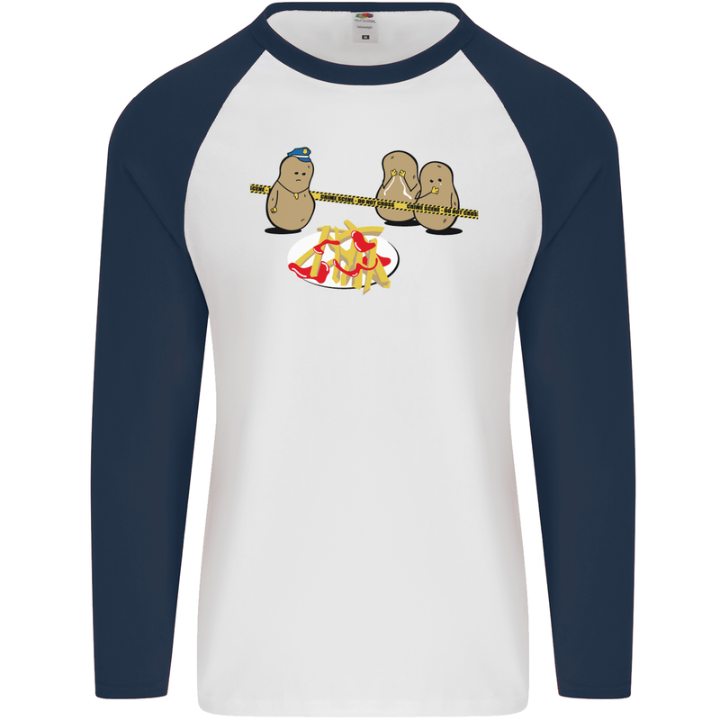 Potato Murder Funny Food BBQ Chef Mens L/S Baseball T-Shirt White/Navy Blue