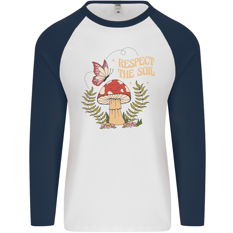 Respect the Soil Frog Climate Change Hippy Mens L/S Baseball T-Shirt White/Navy Blue