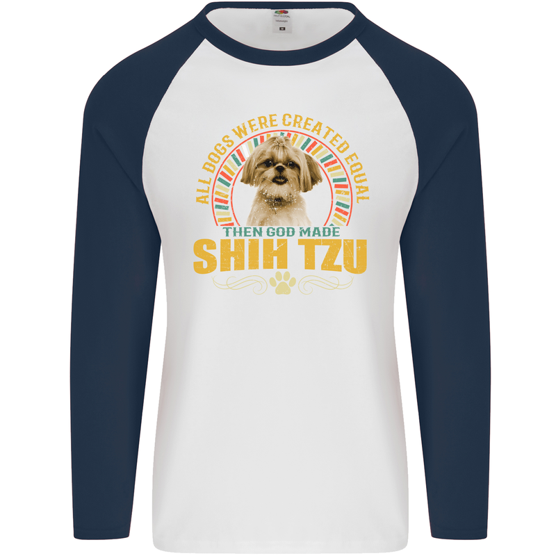 A Shih Tzu Dog Mens L/S Baseball T-Shirt White/Navy Blue