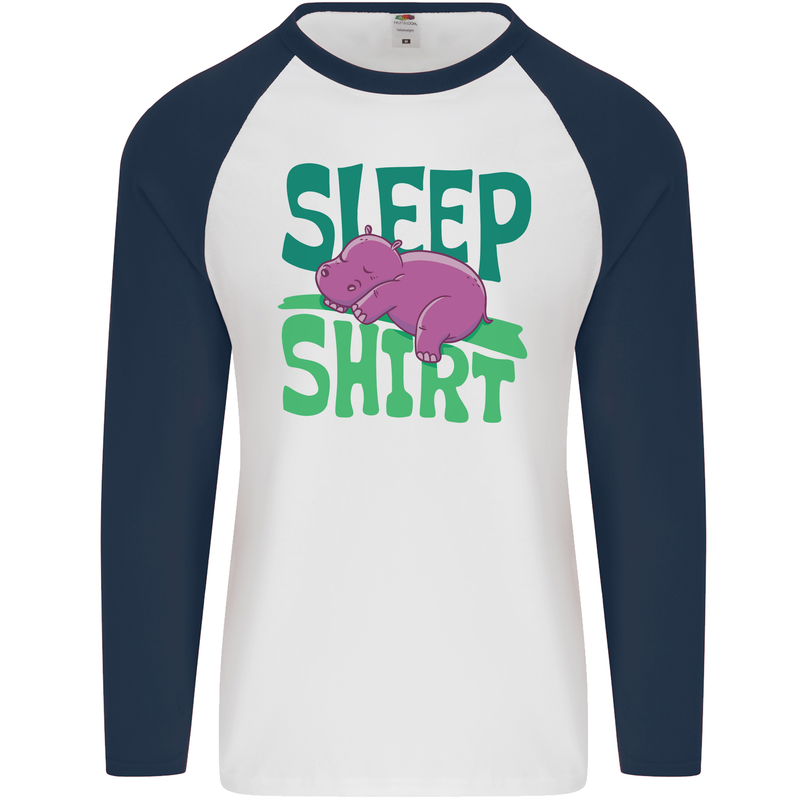 Hippo Sleep Shirt Sleeping Pajamas Mens L/S Baseball T-Shirt White/Navy Blue