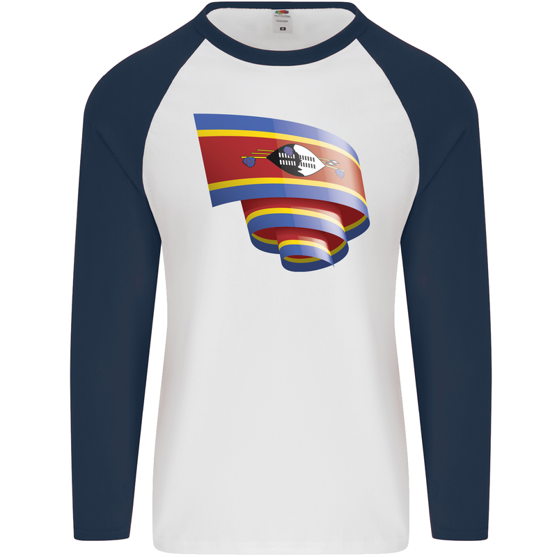Curled Swaziland Flag Swazi Day Football Mens L/S Baseball T-Shirt White/Navy Blue