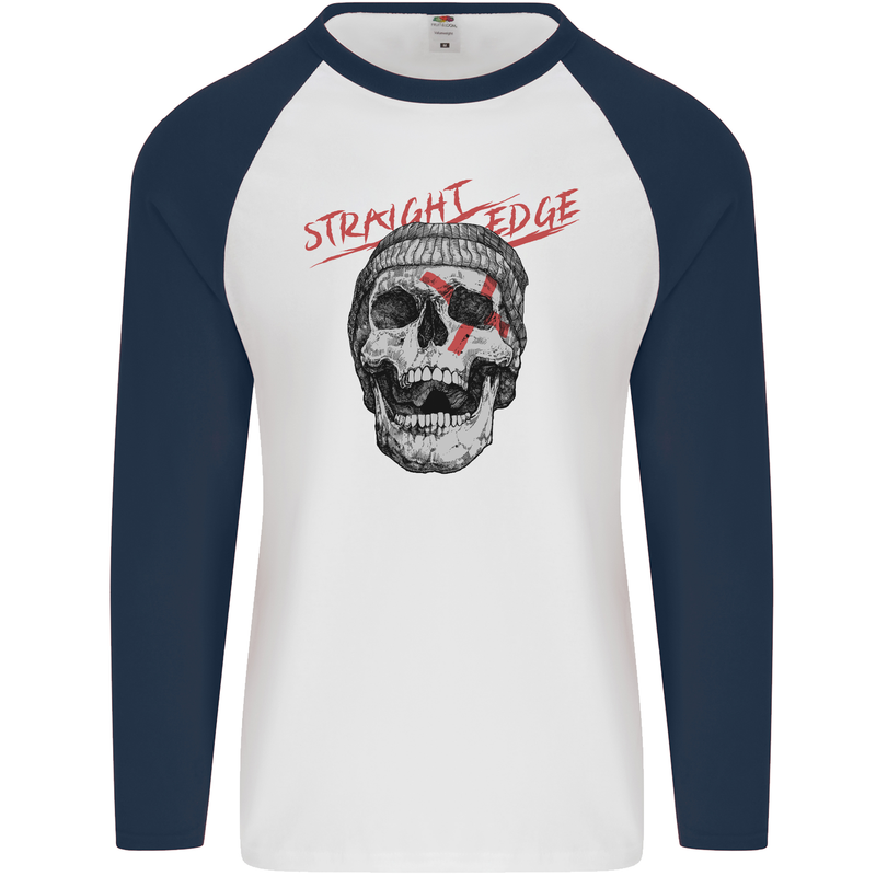 Straight Edge Skull Biker Motorcycle Mens L/S Baseball T-Shirt White/Navy Blue