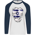 Gym The Israeli Flag Ripped Muscles Israel Mens L/S Baseball T-Shirt White/Navy Blue