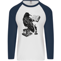 A Raven Reading a Book Literature Mens L/S Baseball T-Shirt White/Navy Blue