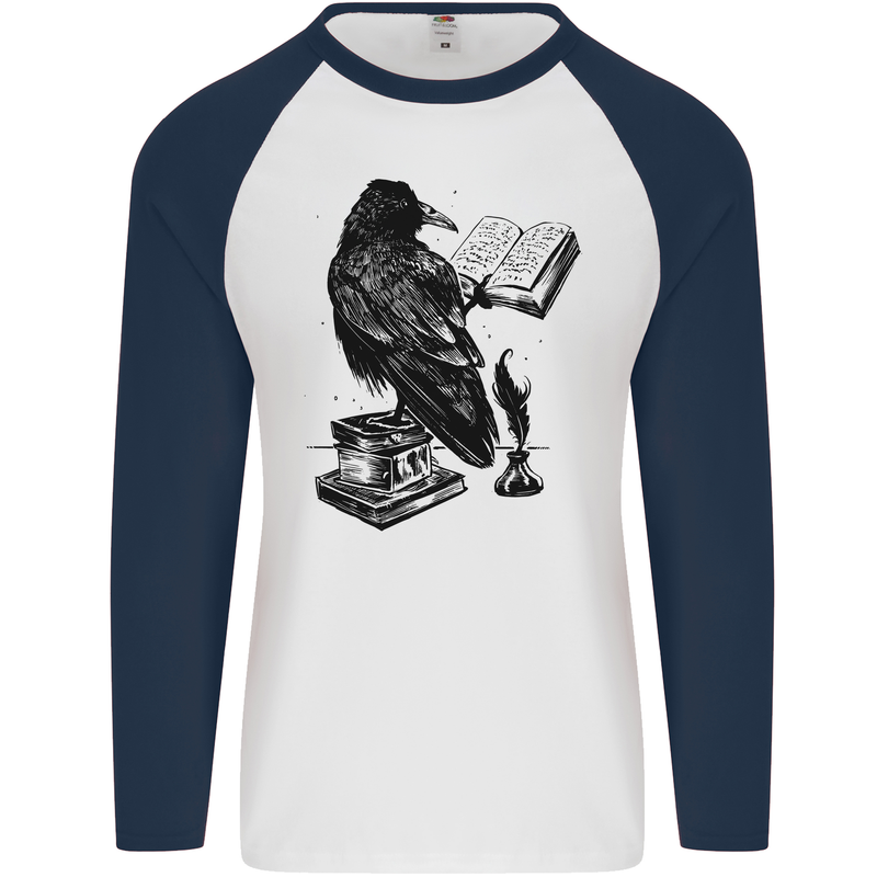 A Raven Reading a Book Literature Mens L/S Baseball T-Shirt White/Navy Blue