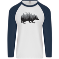 A Hedgehog Depicting a Forest Mens L/S Baseball T-Shirt White/Navy Blue
