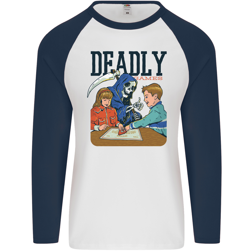 Deadly Games Ouija Board For Kids Grim Reaper Mens L/S Baseball T-Shirt White/Navy Blue