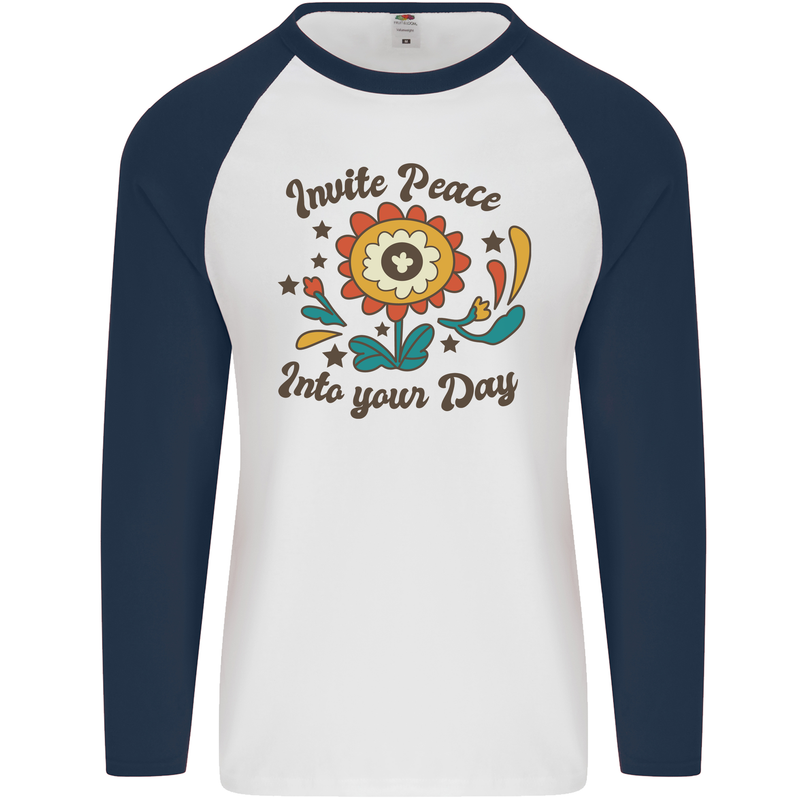 Invite Peace Day Hippy Flower Power Funny Mens L/S Baseball T-Shirt White/Navy Blue