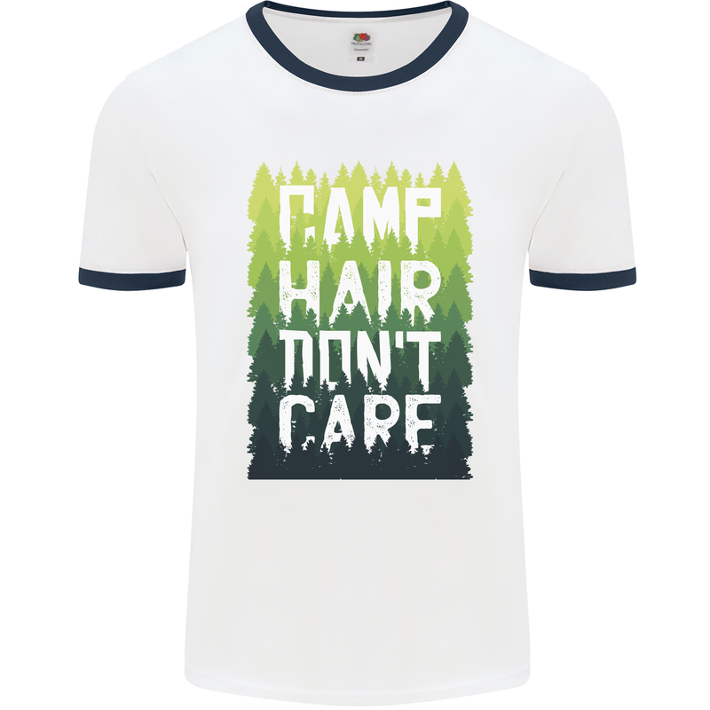 Camp Hair Dont Care Funny Caravan Camping Mens Ringer T-Shirt White/Navy Blue