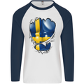 Gym Swedish Flag Ripped Muscles Sweeden Mens L/S Baseball T-Shirt White/Navy Blue