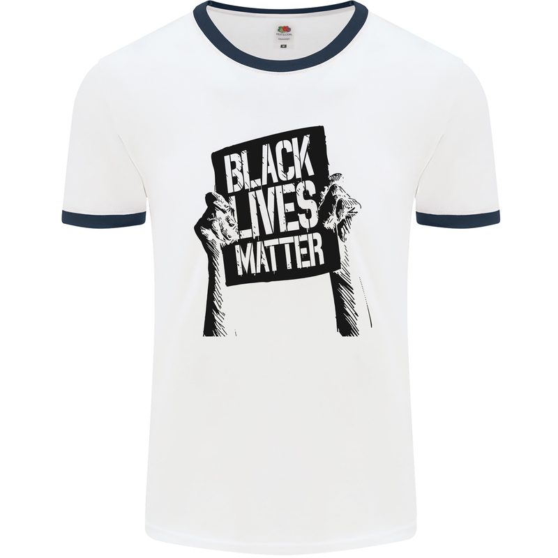 Black Lives Matter Sign Racial Equality Mens Ringer T-Shirt White/Navy Blue