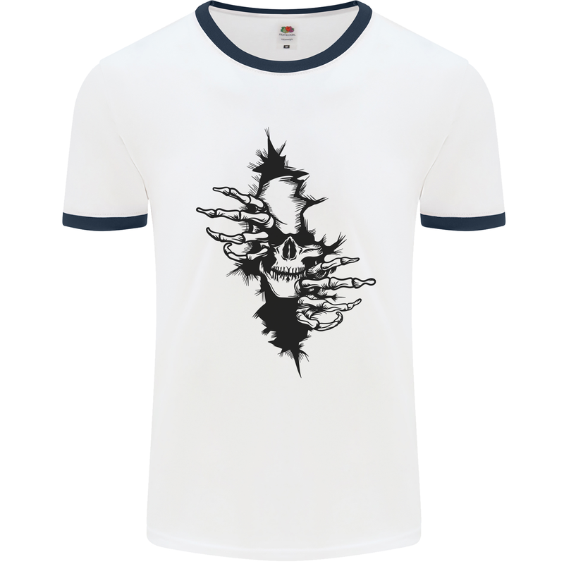 A Skull From a Ripped Shirt Gothic Goth Biker Mens Ringer T-Shirt White/Navy Blue