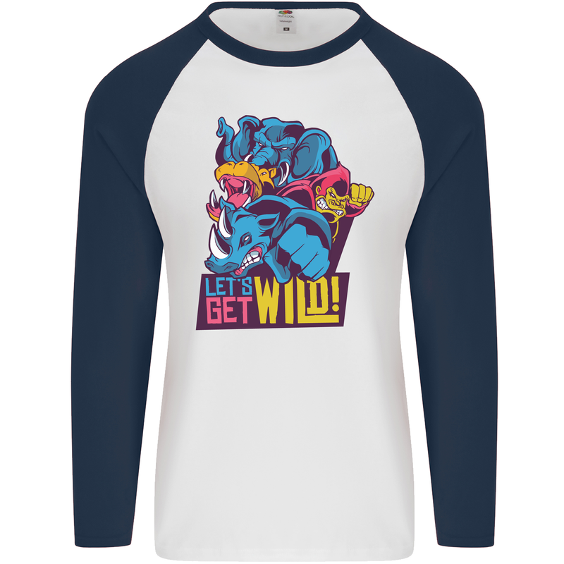 Lets Get Wild Rhino Gorilla Elephant Hippo Mens L/S Baseball T-Shirt White/Navy Blue