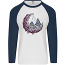 Trippy Magic Mushroom Moon LSD Psychedelic Mens L/S Baseball T-Shirt White/Navy Blue
