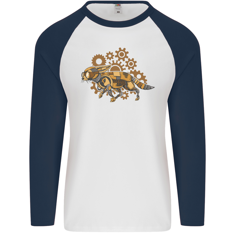 Steampunk Fox Mens L/S Baseball T-Shirt White/Navy Blue