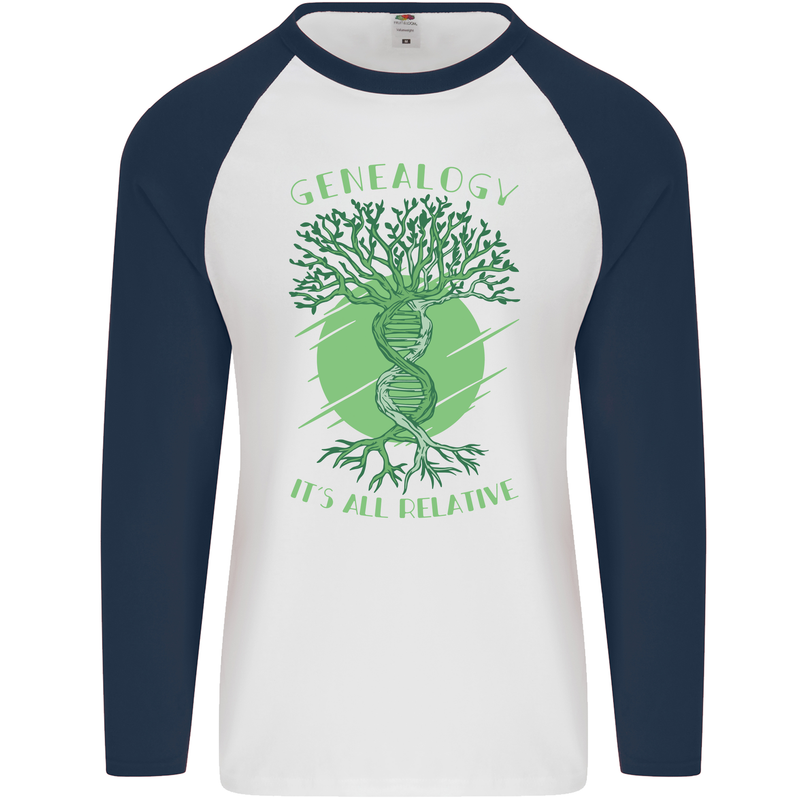 Genealogy Its All Relative Funny DNA Ancestry Mens L/S Baseball T-Shirt White/Navy Blue