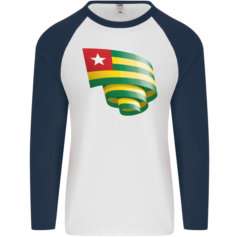 Curled Togo Flag Togolese Day Football Mens L/S Baseball T-Shirt White/Navy Blue