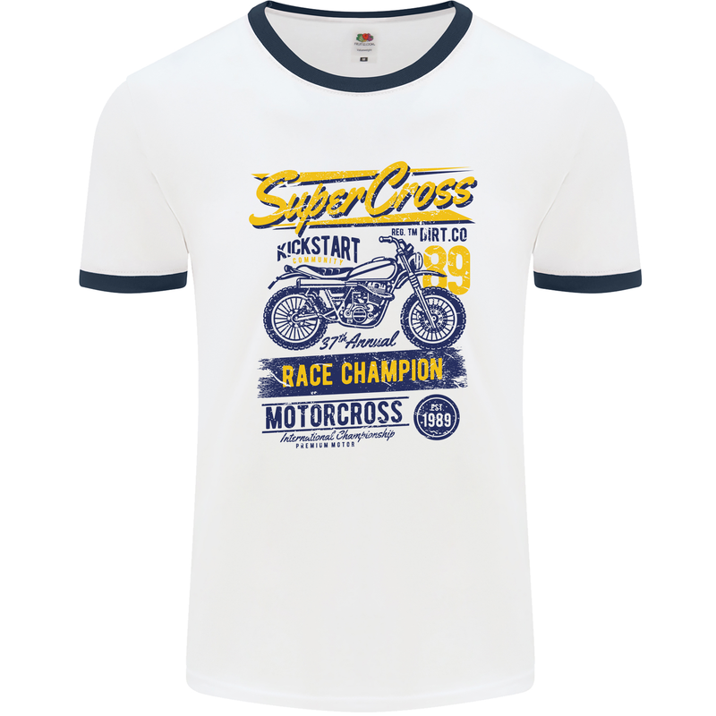 Supercross MotoX Dirt Bike Motocross Mens Ringer T-Shirt White/Navy Blue