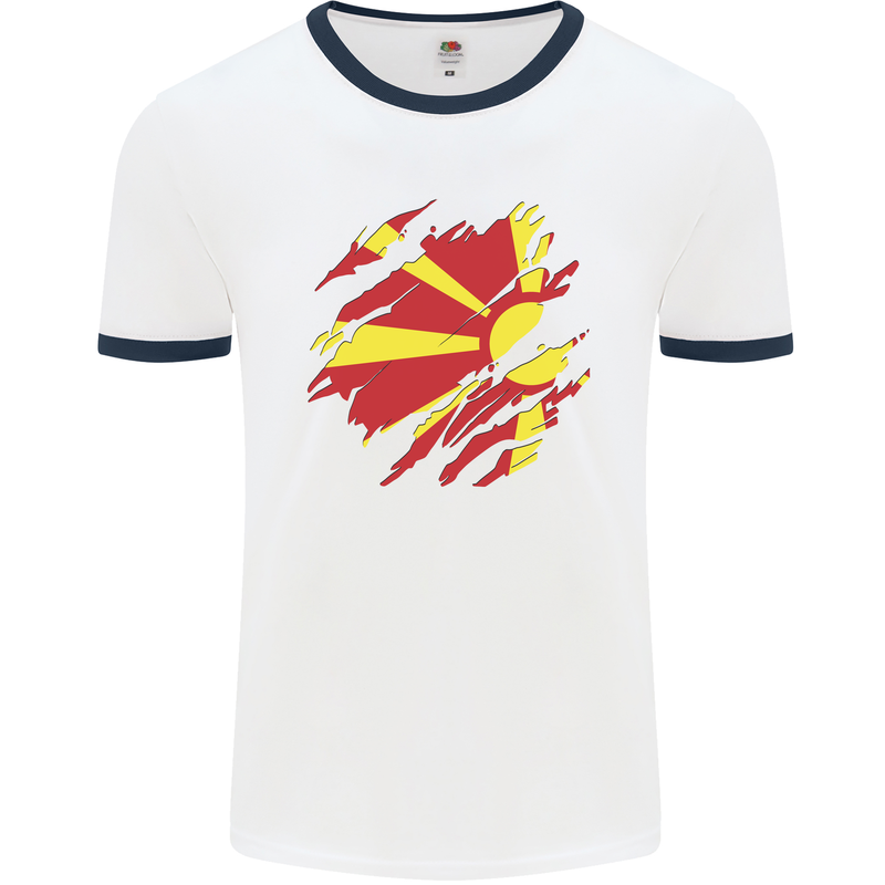 Torn Macedonia Flag Macedonian Day Football Mens Ringer T-Shirt White/Navy Blue