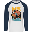 Kaiju Dragon King Ghidorah Japanese Monster Mens L/S Baseball T-Shirt White/Navy Blue
