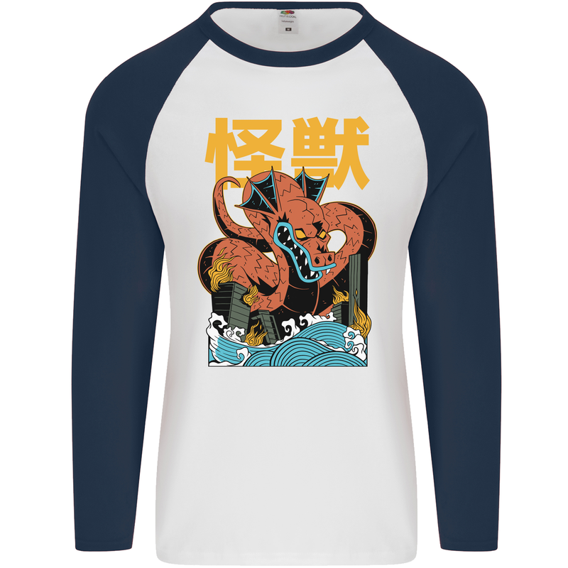 Kaiju Dragon King Ghidorah Japanese Monster Mens L/S Baseball T-Shirt White/Navy Blue