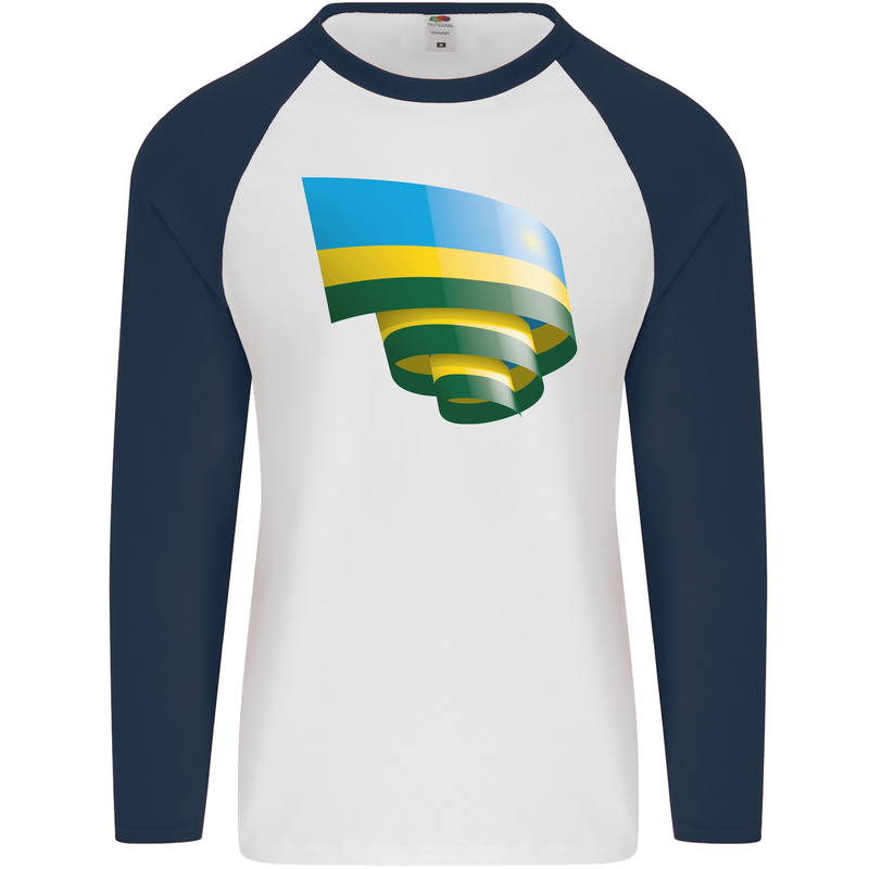 Curled Rwanda Flag Rwandan Day Football Mens L/S Baseball T-Shirt White/Navy Blue