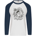 Old Sailor White Shark Octopus Captain Mens L/S Baseball T-Shirt White/Navy Blue