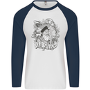 Old Sailor White Shark Octopus Captain Mens L/S Baseball T-Shirt White/Navy Blue