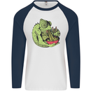 A Chameleon Eating Ramen Mens L/S Baseball T-Shirt White/Navy Blue