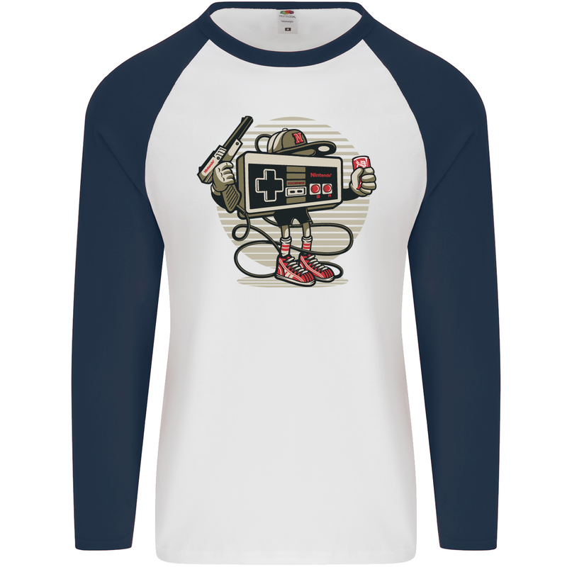 Let's Play Funny Gamer Gaming Mens L/S Baseball T-Shirt White/Navy Blue