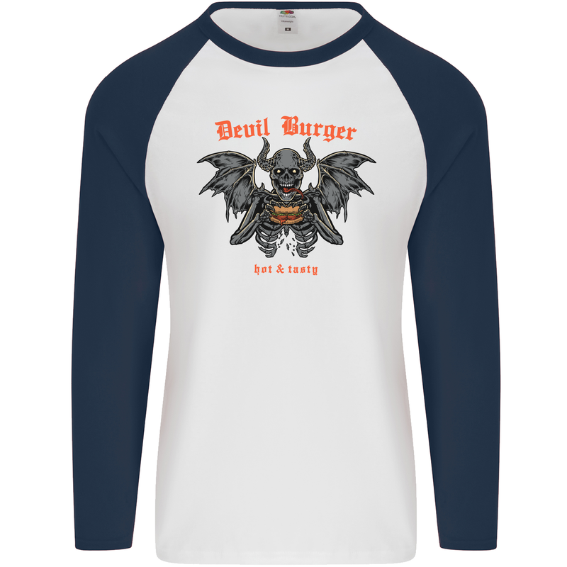 Devil Burger Demon Satan Grim Reaper BBQ Mens L/S Baseball T-Shirt White/Navy Blue