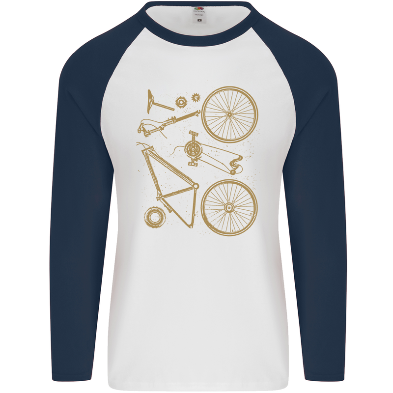 Bicycle Parts Cycling Cyclist Bike Funny Mens L/S Baseball T-Shirt White/Navy Blue