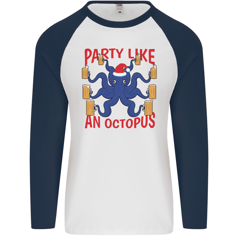 Beer Party Octopus Christmas Scuba Diving Mens L/S Baseball T-Shirt White/Navy Blue