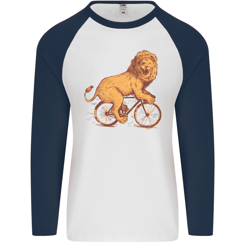 Cycling A Lion Riding a Bicycle Mens L/S Baseball T-Shirt White/Navy Blue