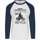 Cycling Never Underestimate Old Man Mens L/S Baseball T-Shirt White/Navy Blue