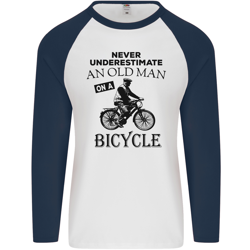 Cycling Never Underestimate Old Man Mens L/S Baseball T-Shirt White/Navy Blue