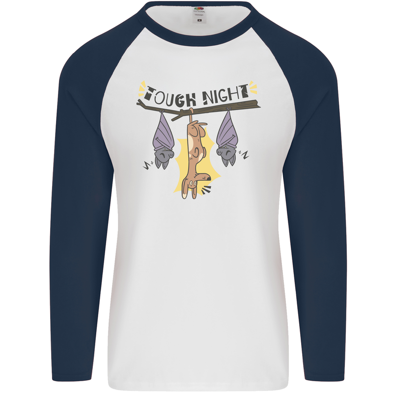 Tough Night Funny Dog Bat Hangover Alcohol Beer Mens L/S Baseball T-Shirt White/Navy Blue