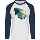 Curled Bahamas Flag Bahamians Day Football Mens L/S Baseball T-Shirt White/Navy Blue