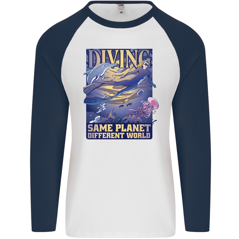 Diver Same Planet Different World Mens L/S Baseball T-Shirt White/Navy Blue