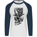 Steampunk Skull With Top Hat Mens L/S Baseball T-Shirt White/Navy Blue